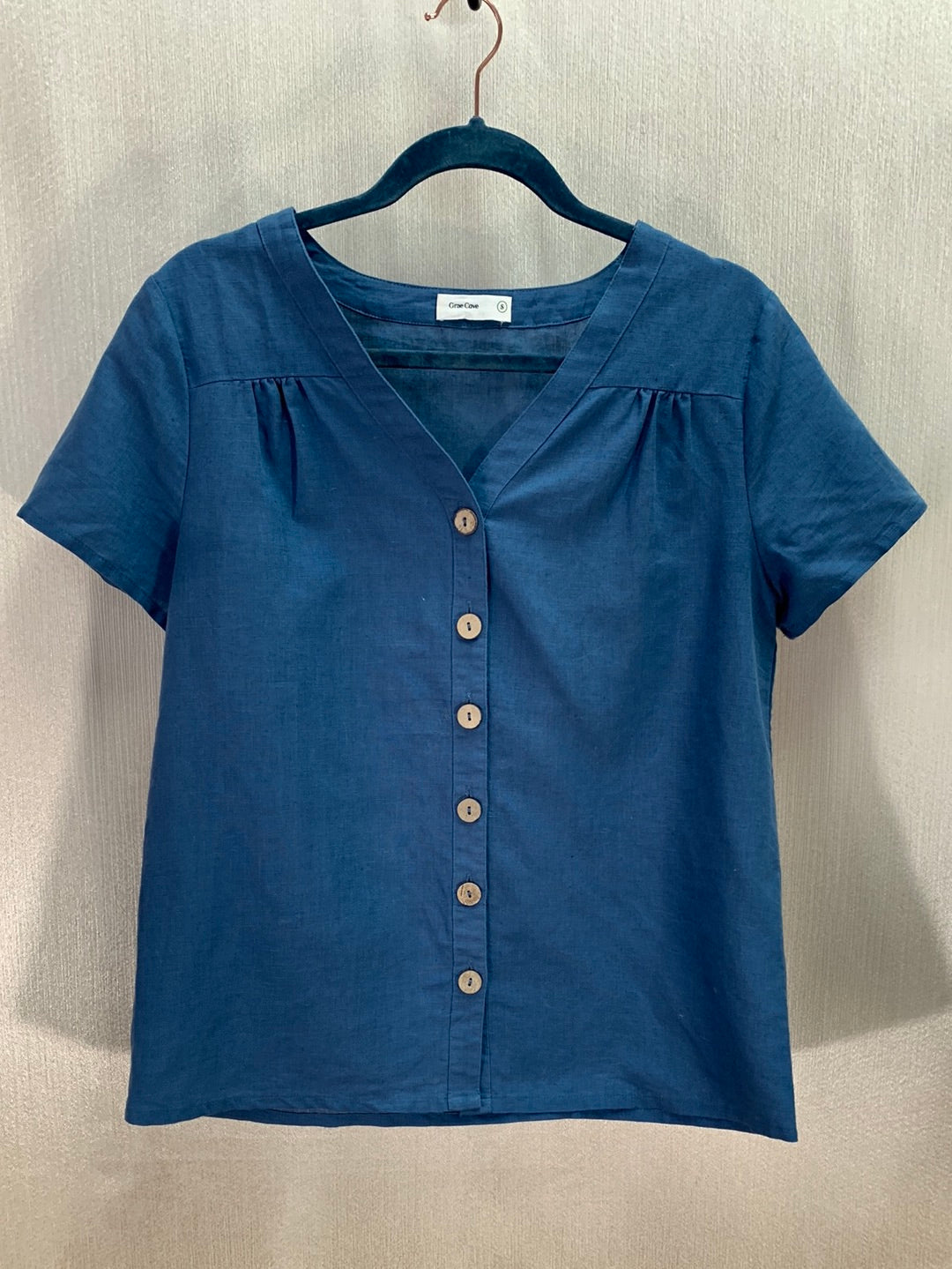 GRAE COVE blue Linen Cotton Button Up Short Sleeve Blouse - S