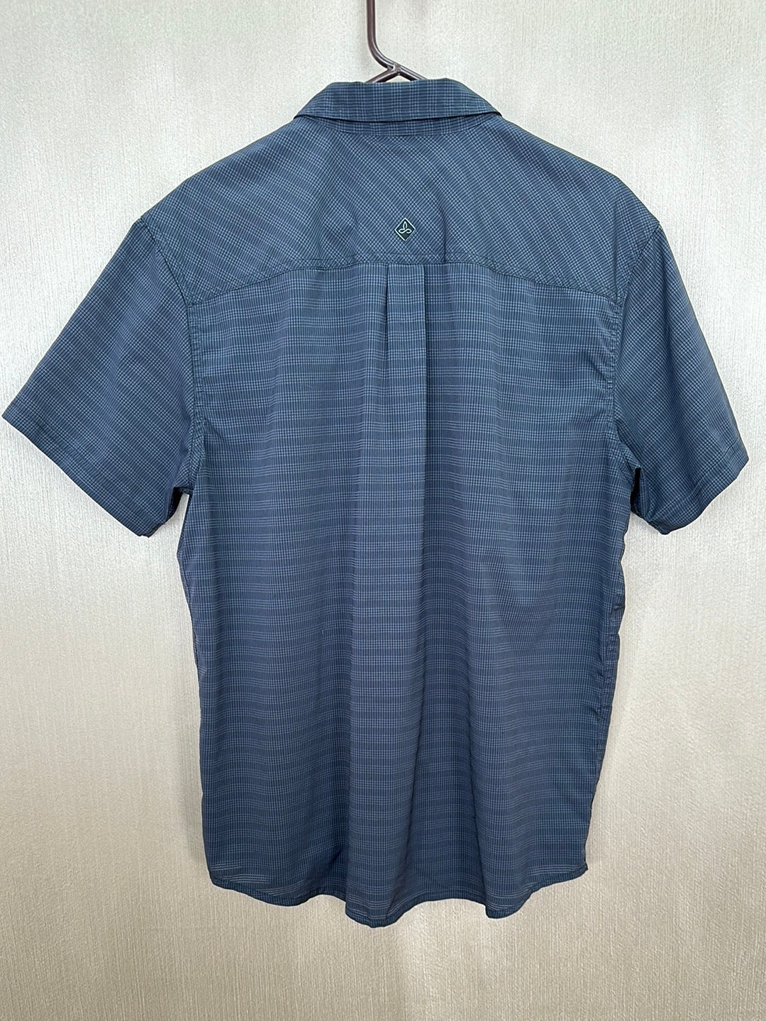 PRANA charcoal blue Plaid Stripe Vented Button Up Short Sleeve Shirt - Men's L