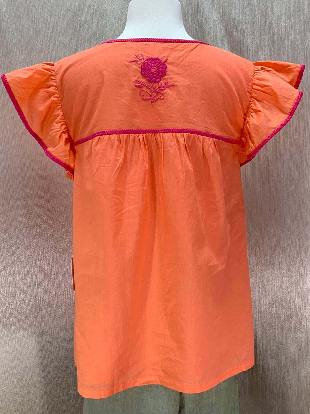 NWT - J MARIE orange pink Embroidered Flutter Sleeve Lined Krista Top - M