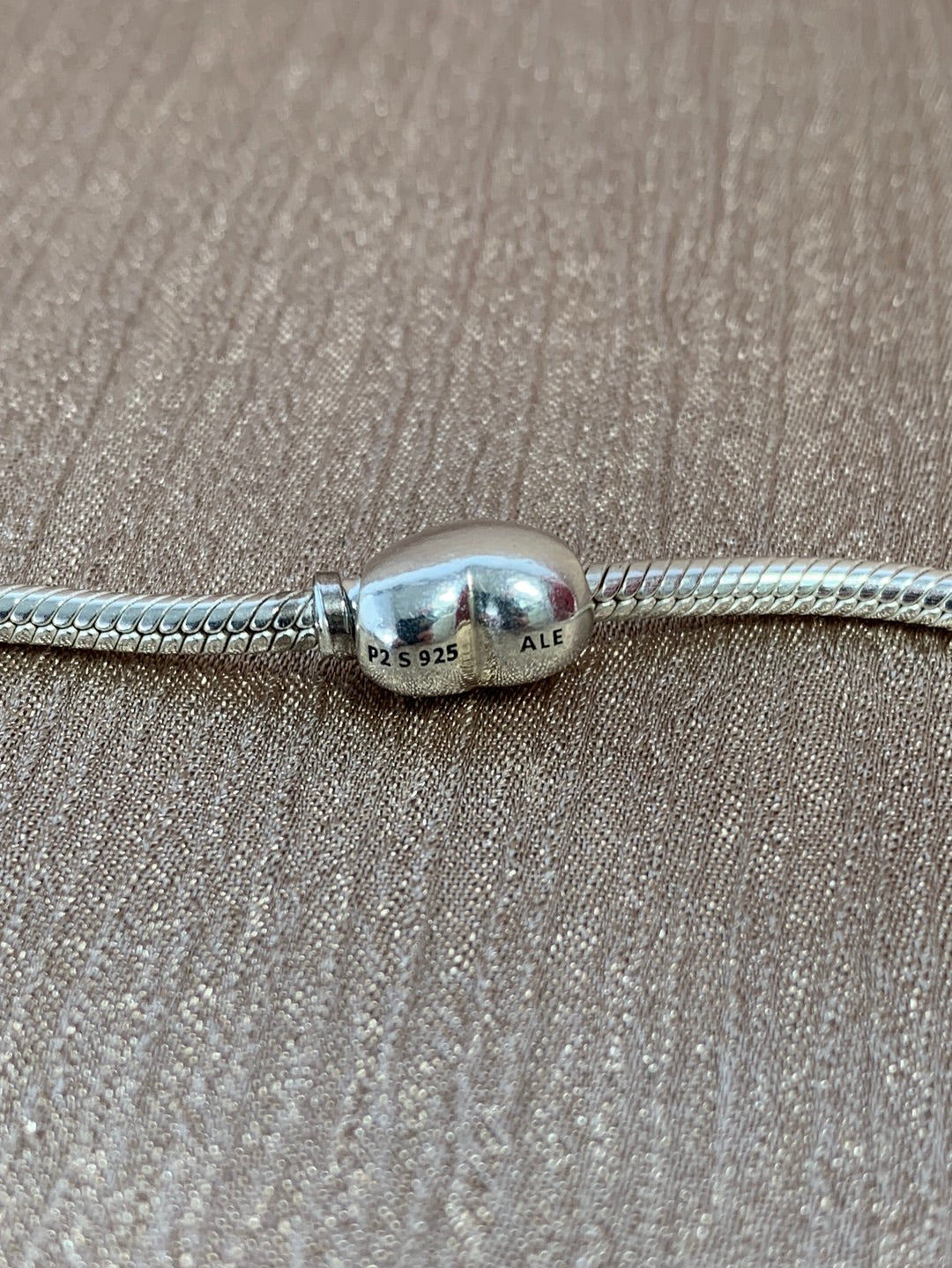 PANDORA 925 Sterling Silver 3 Charm Barrel Clasp Snake Chain Bracelet - 7.5"