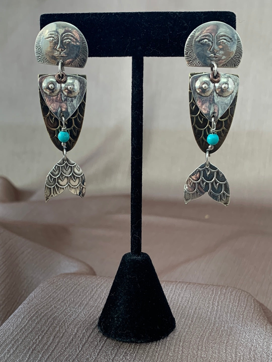 TABRA 14k Gold Post Sterling Turquoise Embossed Goddess Earrings - 2.375"
