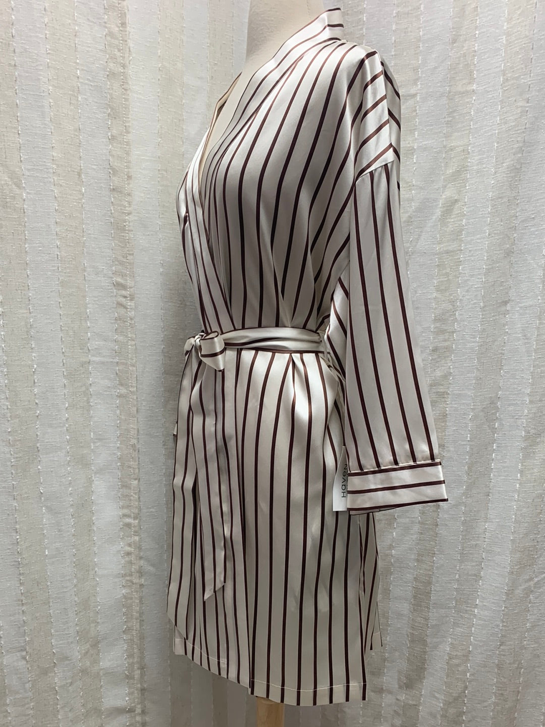 NWT - HAVEN WELL WITHIN brown stripe Washable Silk 3/4 Sleeve Robe - Medium
