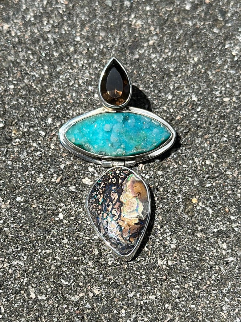 ECHO OF THE DREAMER Sterling Smokey Quartz Druzy Boulder Opal Brooch Pendant