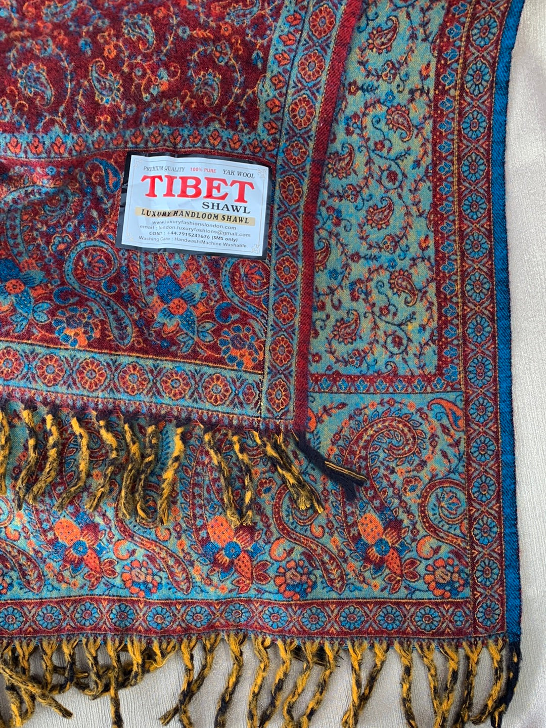 NWT - TIBET red blue Floral 100% Yak Wool Luxury Handloom Shawl - 37x79"