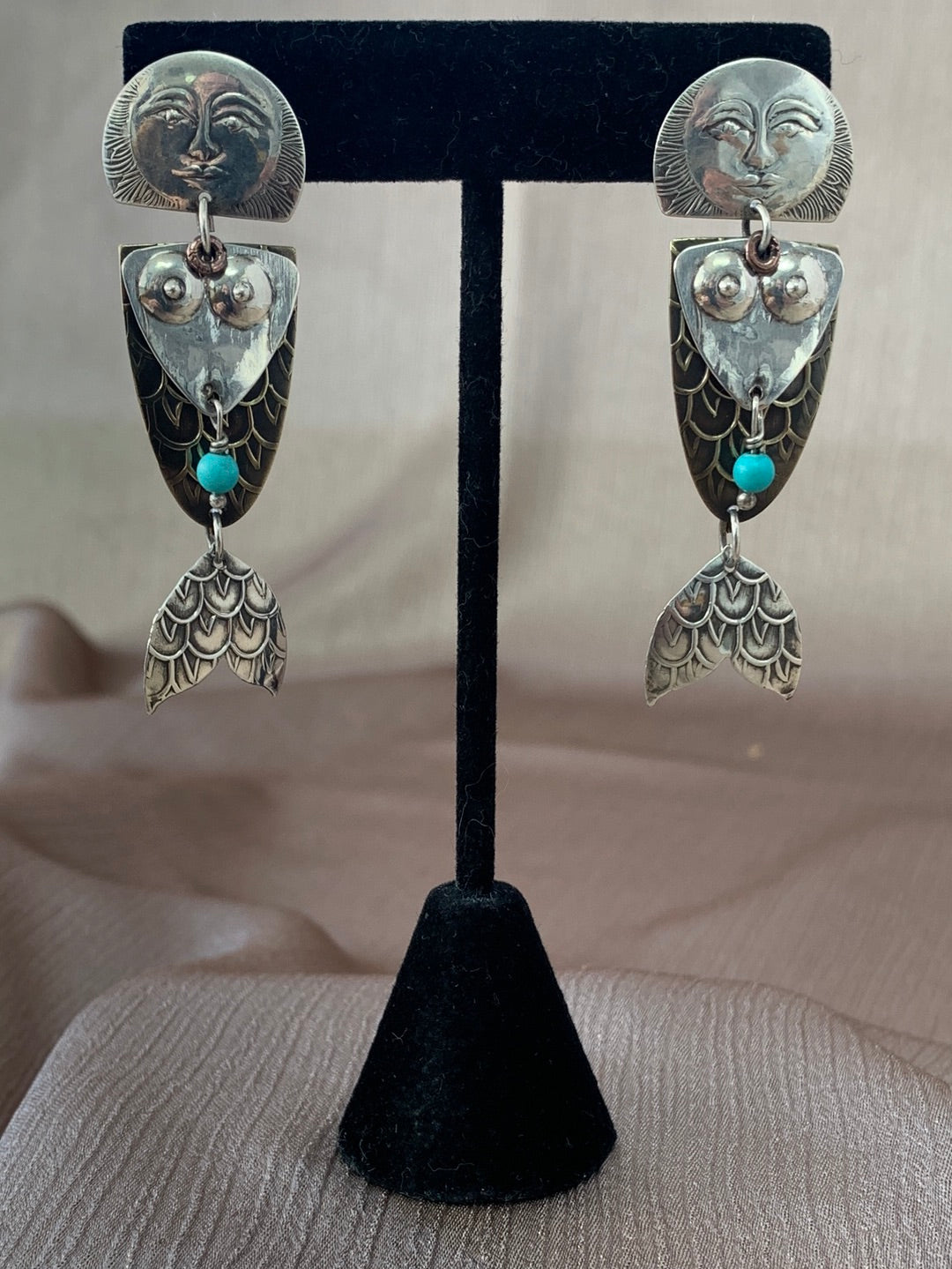 TABRA 14k Gold Post Sterling Turquoise Embossed Goddess Earrings - 2.375"