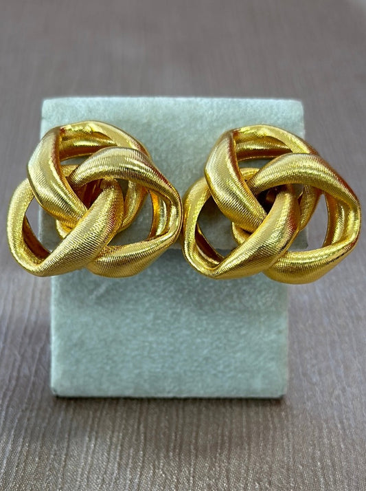 Vintage - NORMA JEAN gold tone Textured Knot Clip Earrings - 1.25"