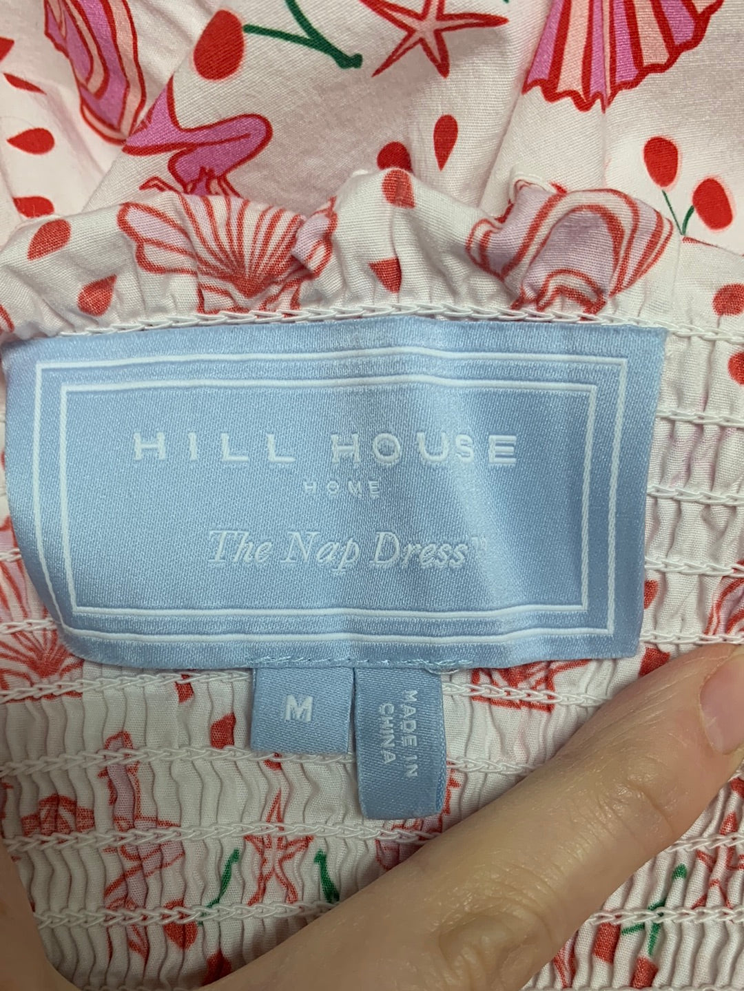 HILL HOUSE pink print Mermaid Cherry Midi Ellie Nap Dress - Medium (repairs needed)