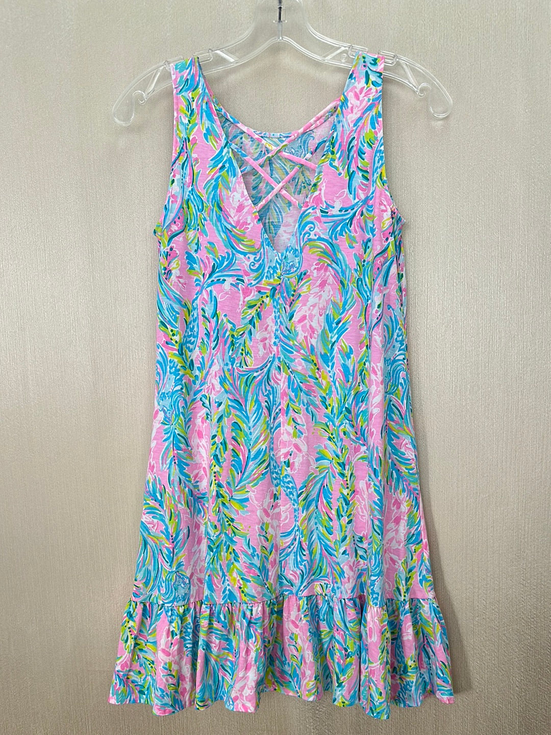 LILLY PULITZER pink blue Unicorn Sea Pima Cotton Kristen Flounce Dress - XXS