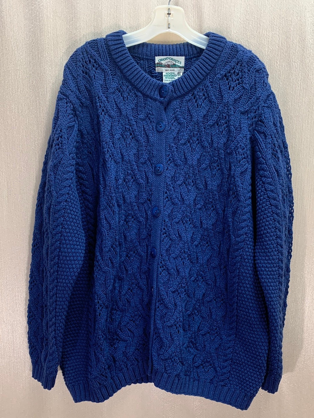 NEW - ARAN CRAFTS blue Merino Wool Ireland Sweater Cardigan - XXL