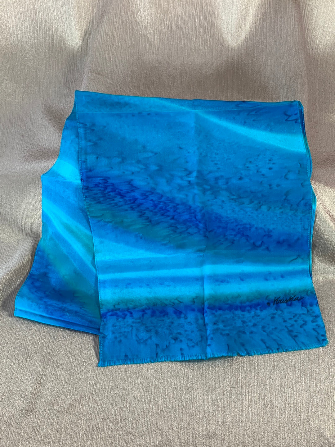KRISKA Signed blue seafoam Silk Handpainted Rectangular Scarf - 52x10"