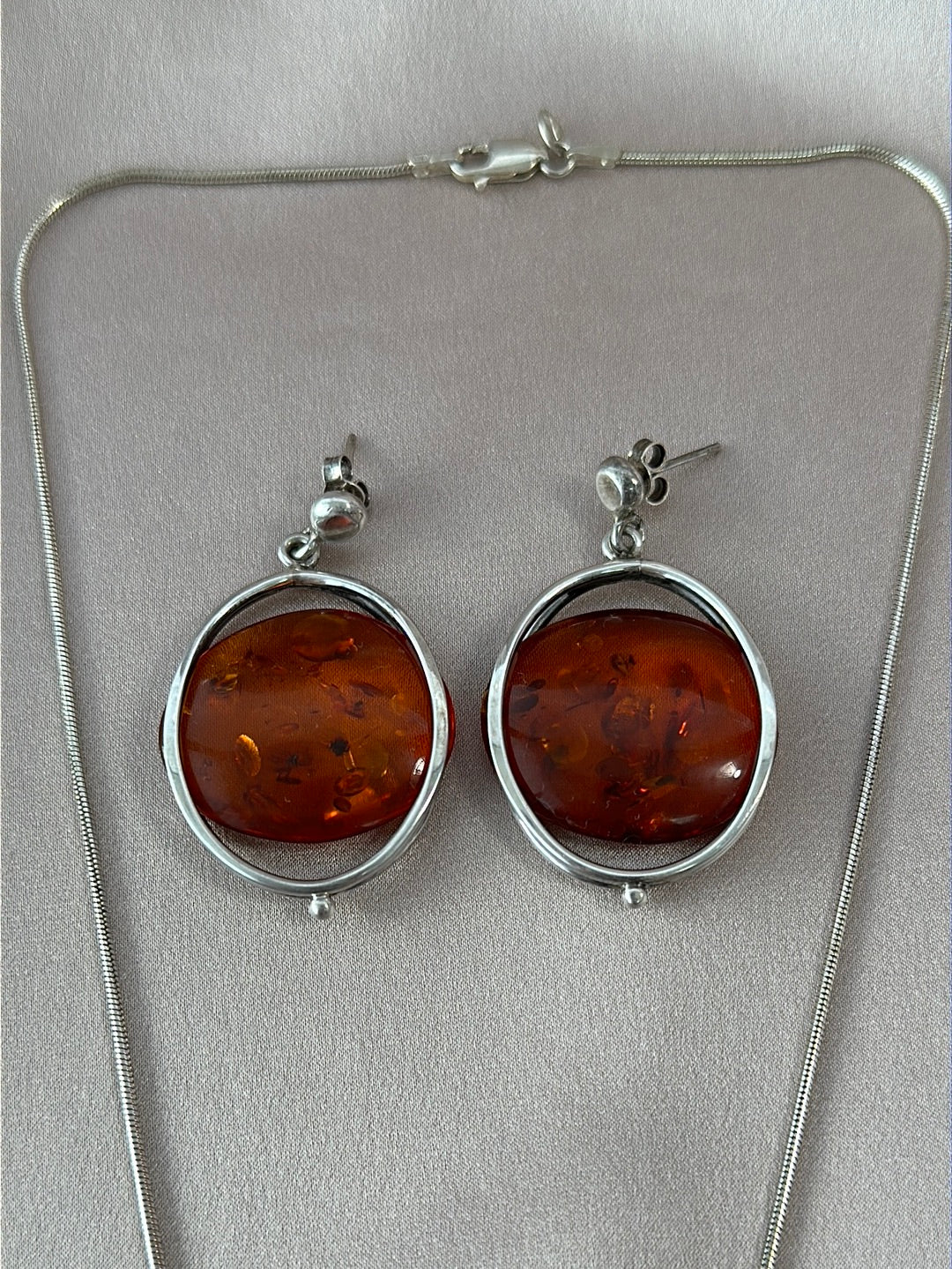 Sterling Silver 925 & Baltic Amber Earrings Necklace Set - 18" Chain