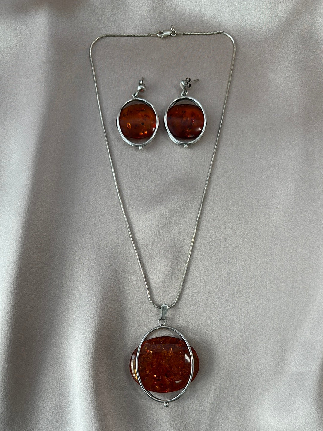 Sterling Silver 925 & Baltic Amber Earrings Necklace Set - 18" Chain