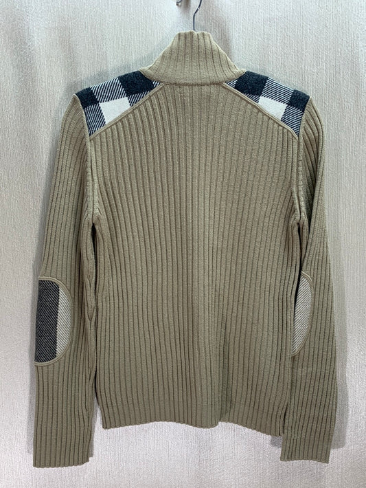 BURBERRY LONDON tan Merino Wool Plaid Shoulder Zip Jacket Cardigan - M