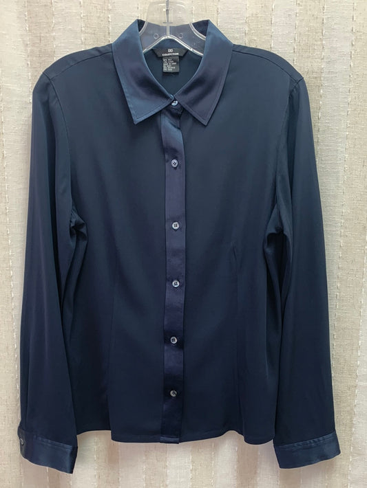 DD COLLECTION / DONCASTER navy SILK Long Sleeve Button Up Blouse - 10