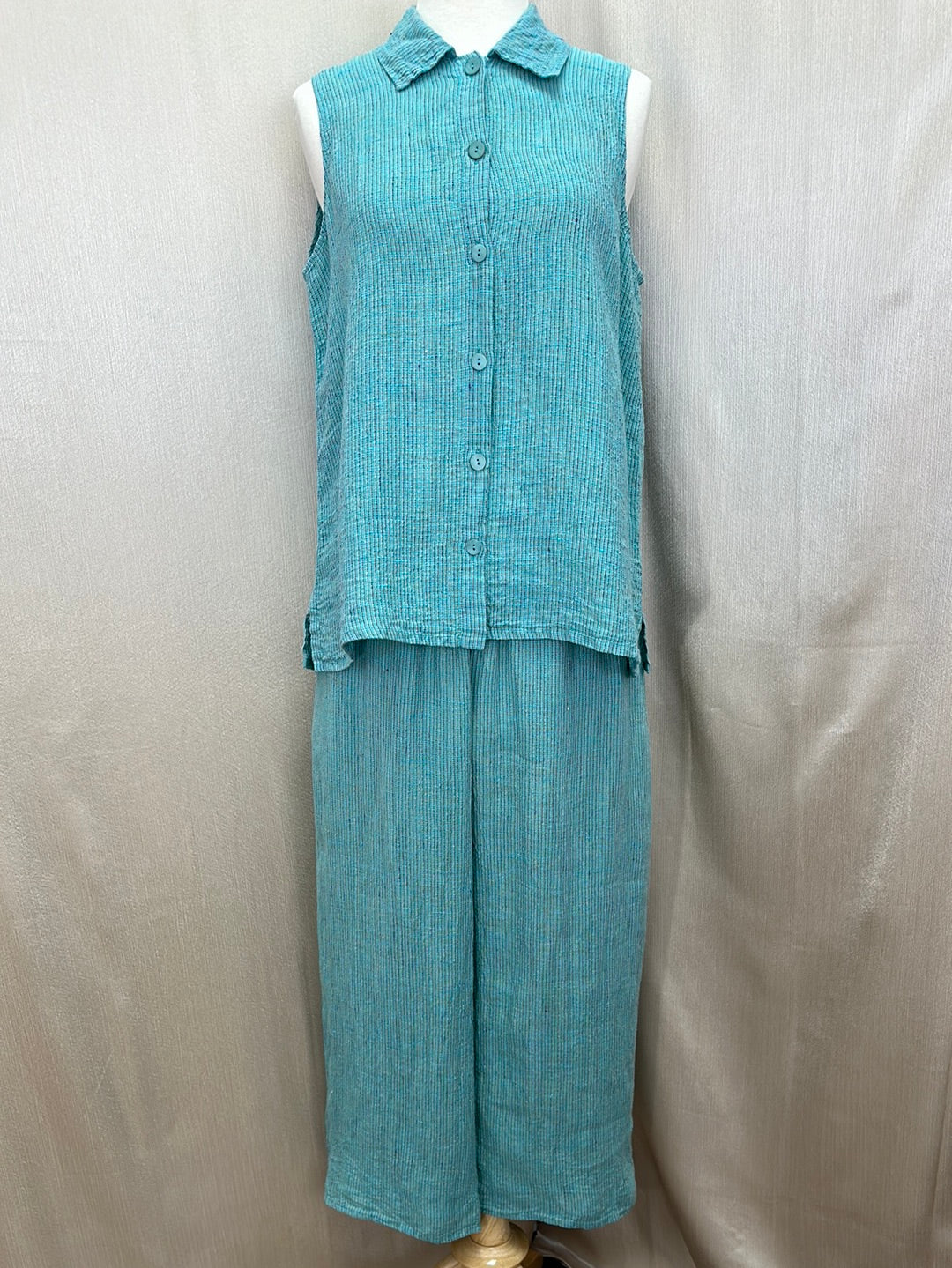 FLAX aqua stripe Linen Sleeveless Button Shirt & Pull On Pants Set - S