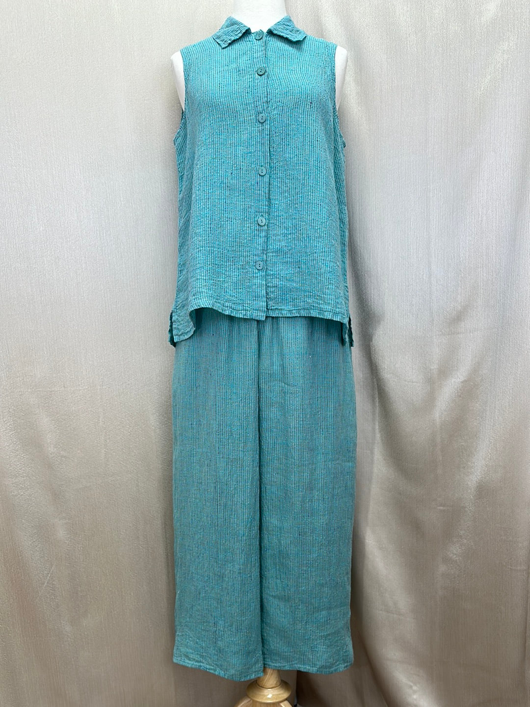 FLAX aqua stripe Linen Sleeveless Button Shirt & Pull On Pants Set - S