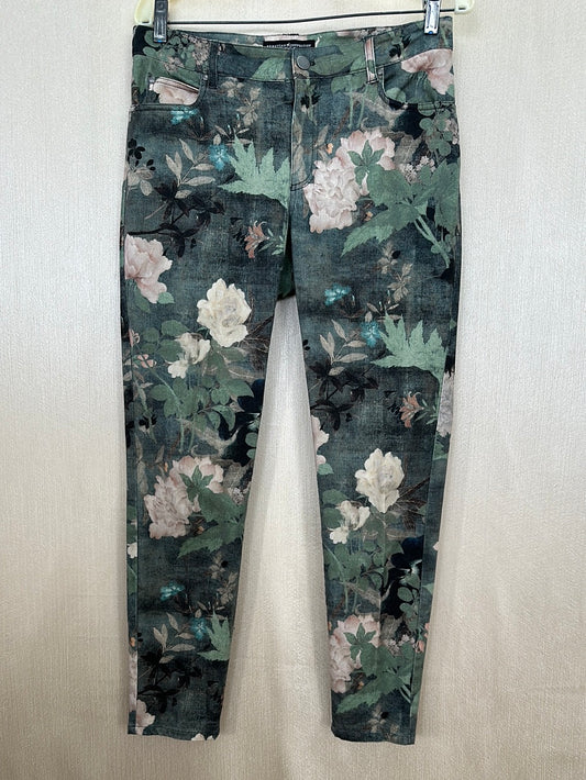 PERUVIAN CONNECTION green beige floral Stretch Slim Sateen Pants - US 8