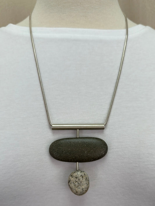 ELIZABETH NOWERS Brushed Sterling Silver Maine Beach Stone Pendant Necklace