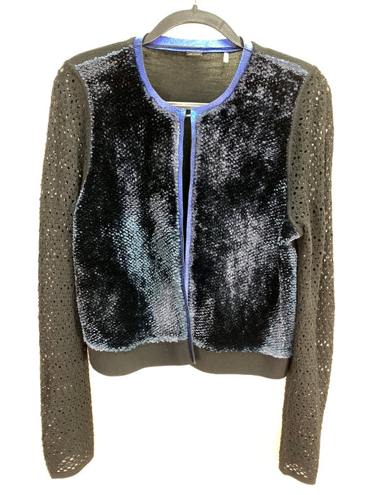 ELIE TAHARI black blue Merino Wool Viscose Velvet Lamb Leather Trim Jacket - L