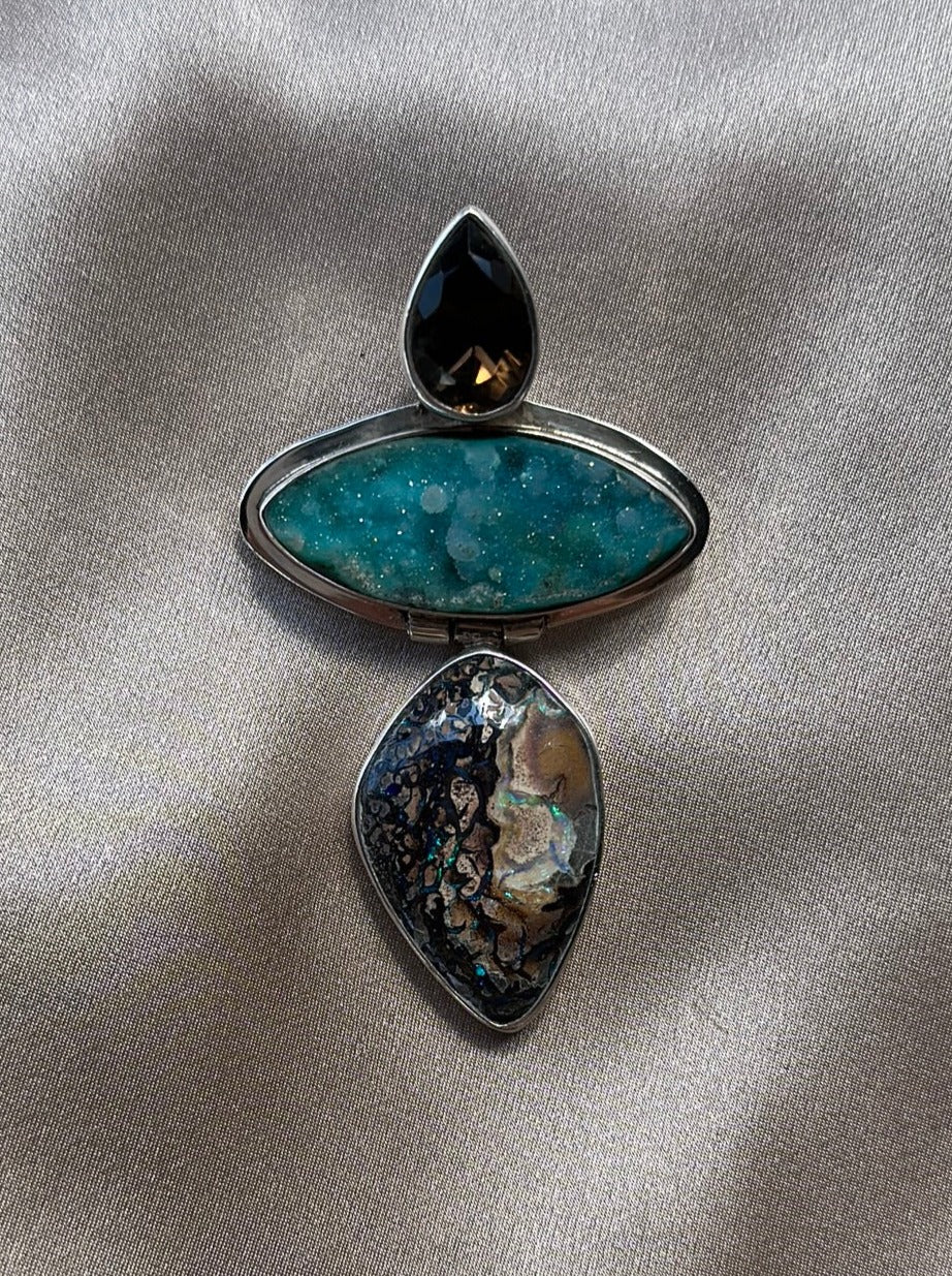 ECHO OF THE DREAMER Sterling Smokey Quartz Druzy Boulder Opal Brooch Pendant