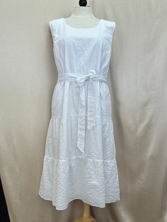TALBOTS white Stripe Texture 100% Cotton Belted Sleeveless Midi Dress - 20W
