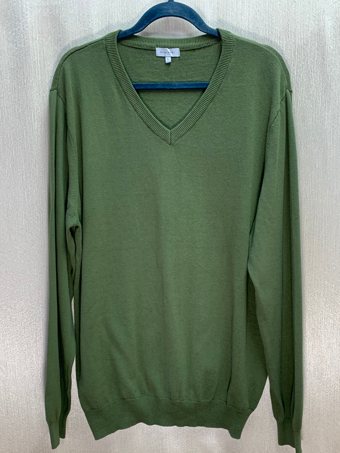 QUALFORT olive green 100% Cotton Lightweight V-Neck Sweater - L