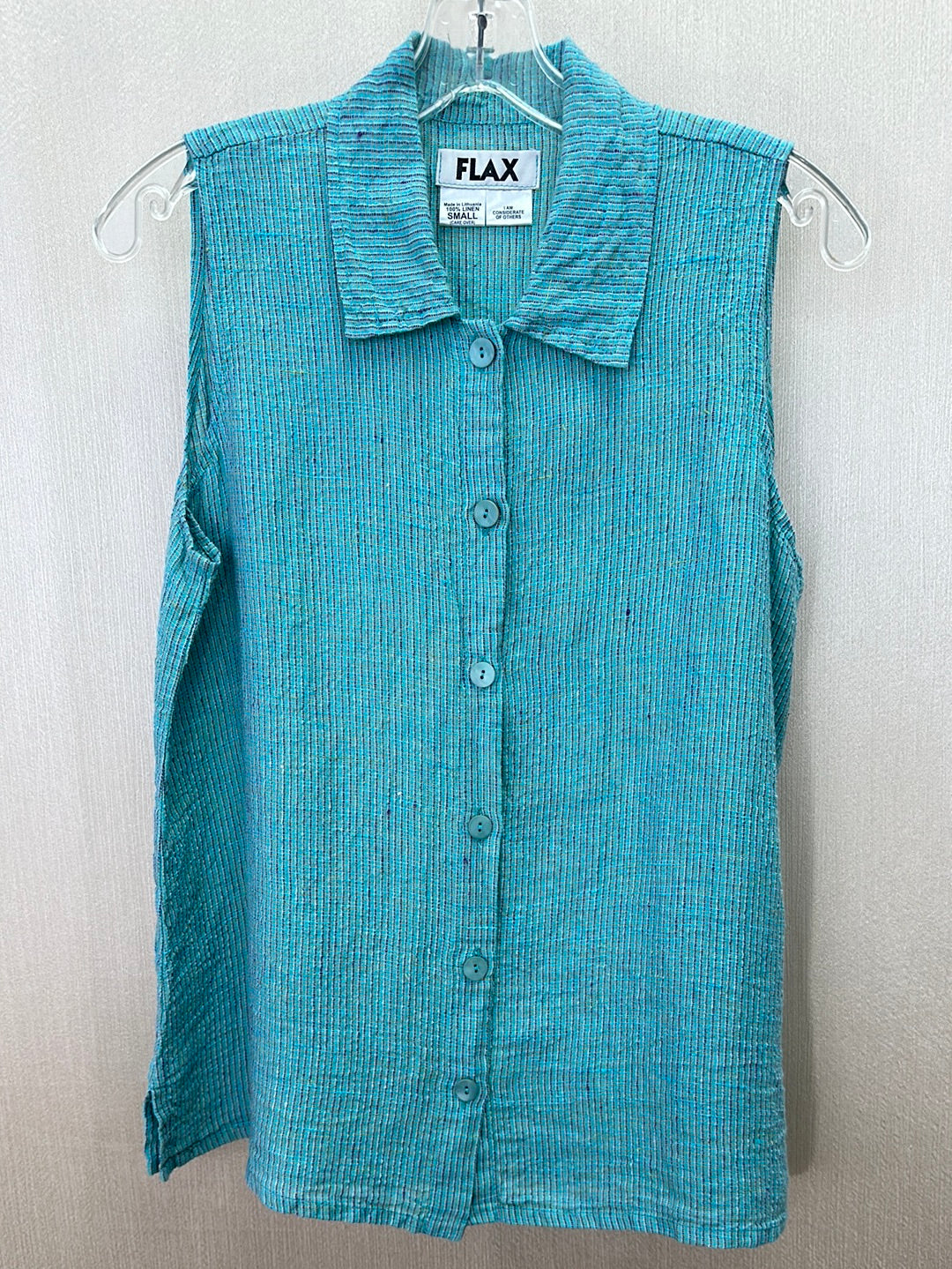 FLAX aqua stripe Linen Sleeveless Button Shirt & Pull On Pants Set - S