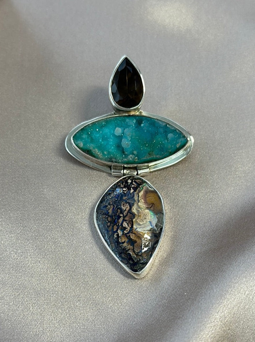 ECHO OF THE DREAMER Sterling Smokey Quartz Druzy Boulder Opal Brooch Pendant