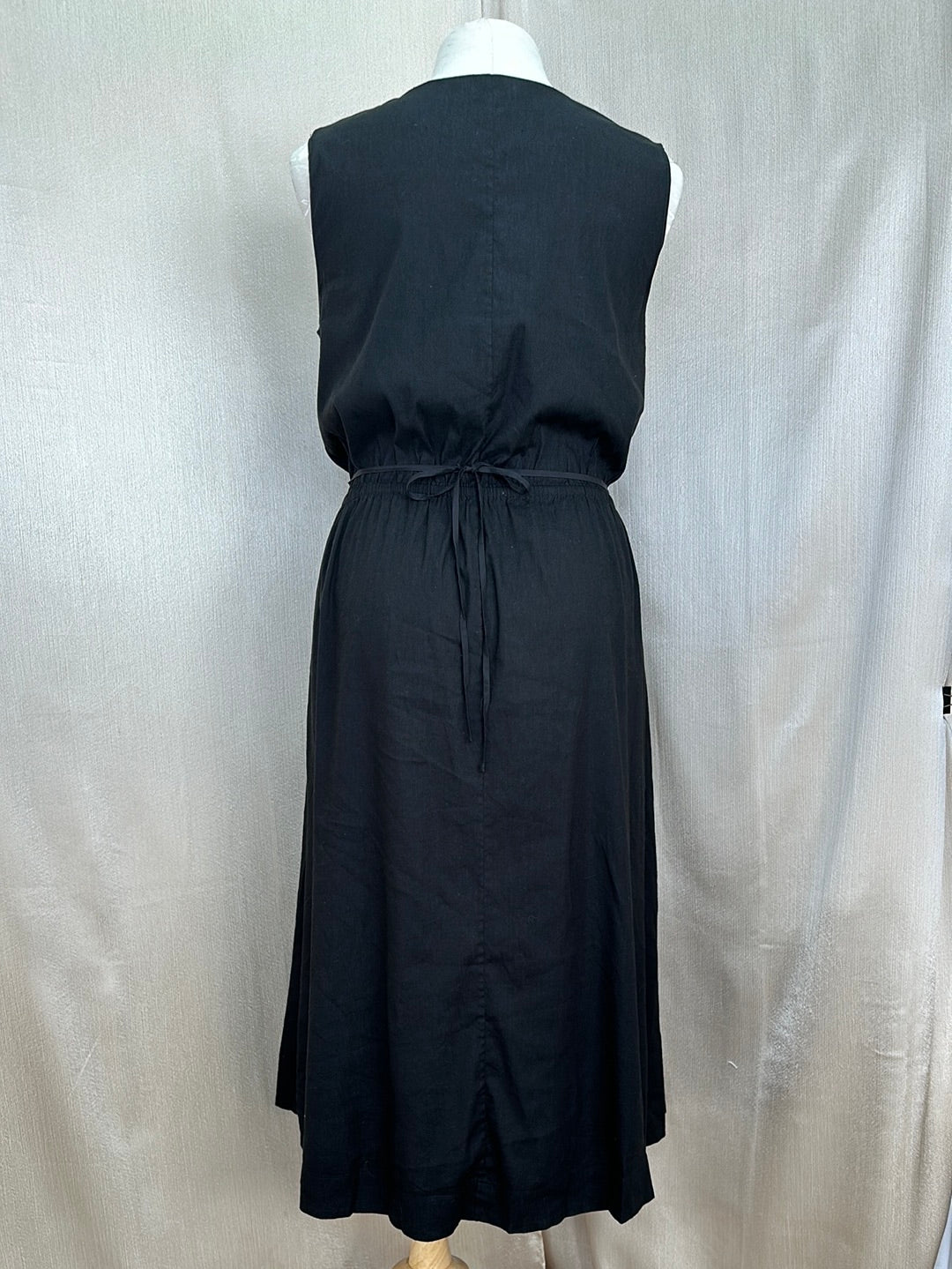 VINCE black Linen Rayon Blend Sleeveless Pocket Drawstring A-Line Midi Dress - L