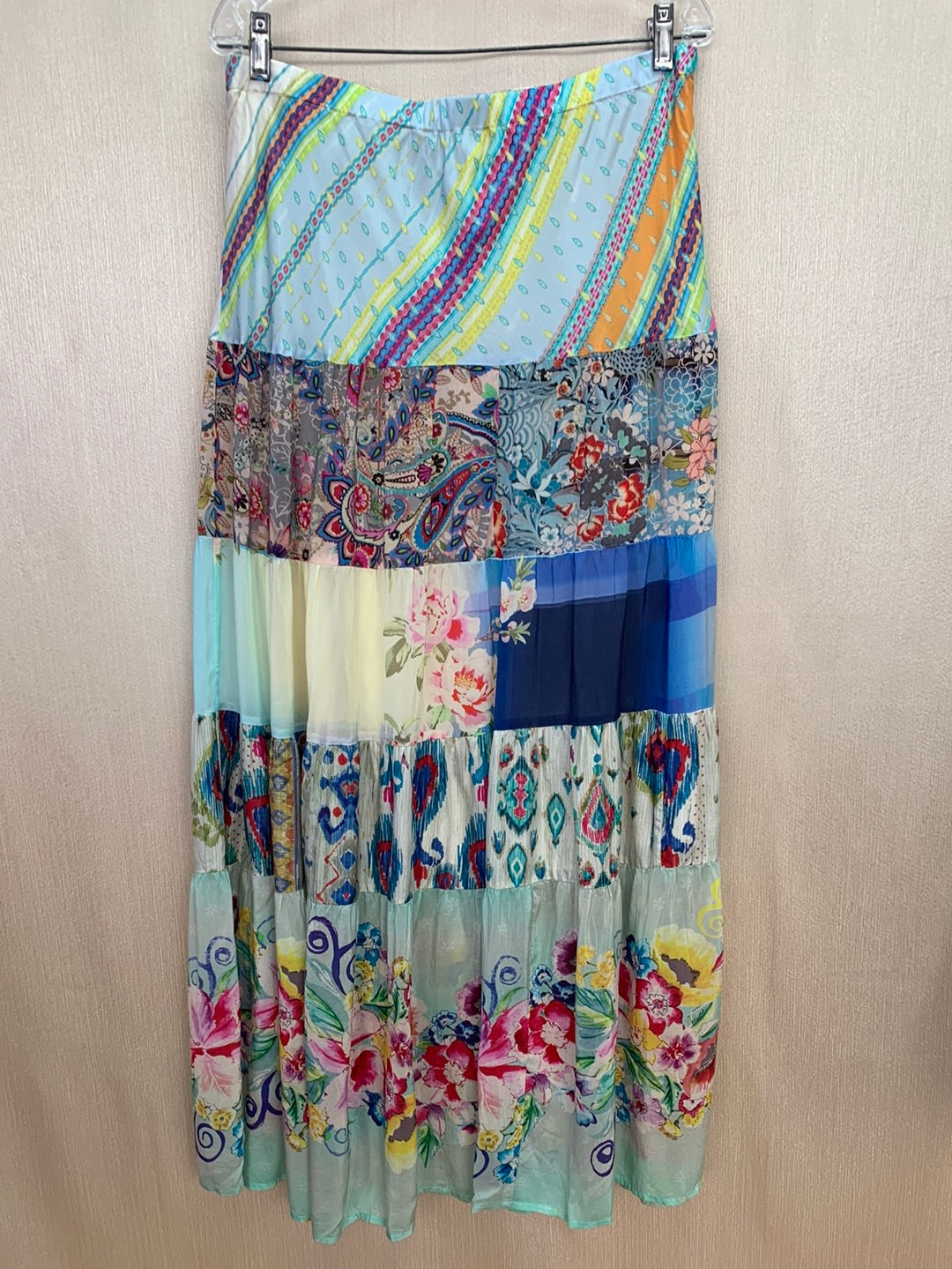 JOHNNY WAS floral print Patchwork Silk Sundance Mercado Maxi Skirt - M