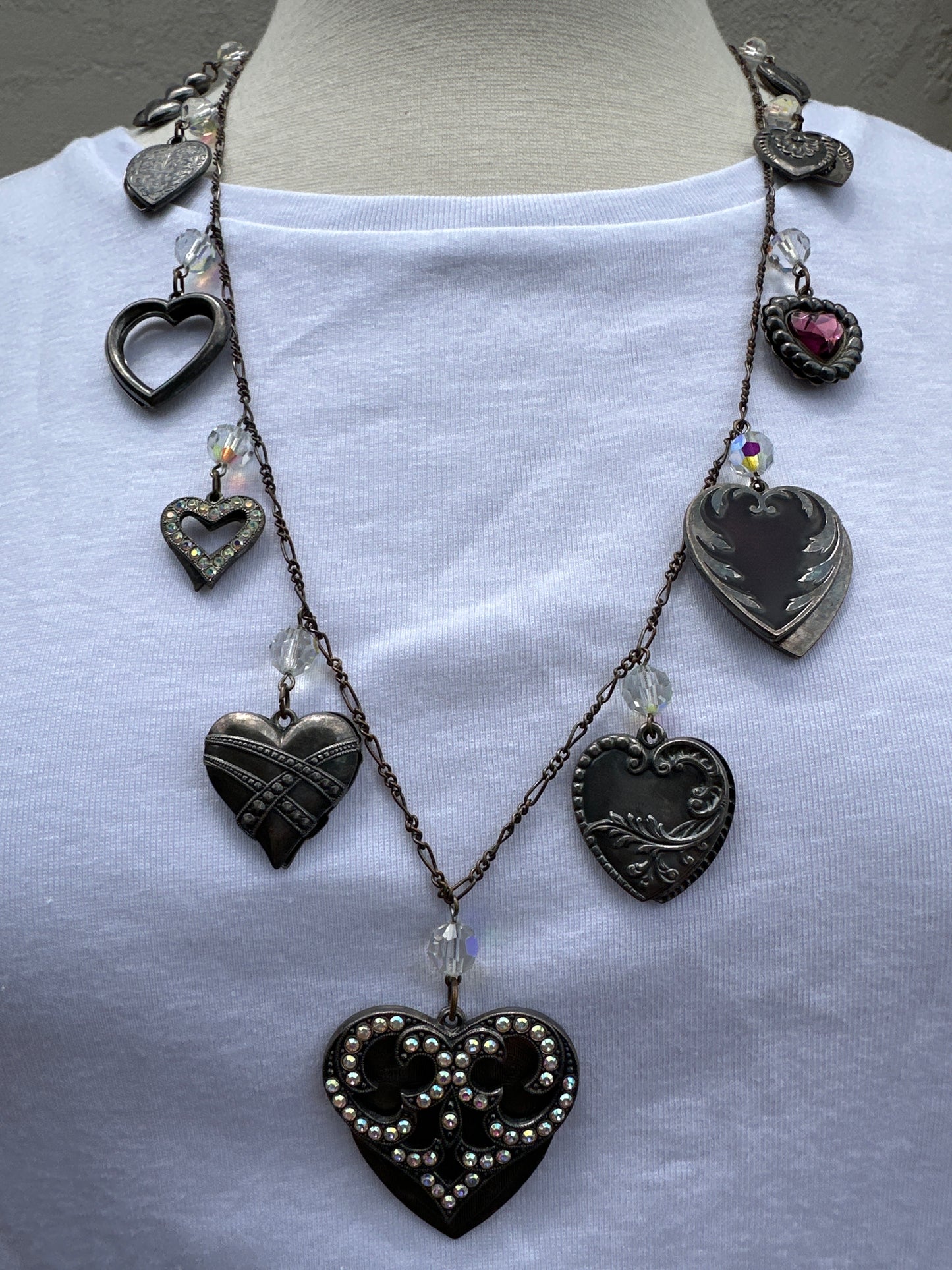 PIDIDDLY LINKS mixed metal rhinestone Beads Hearts Charm Necklace - 26"