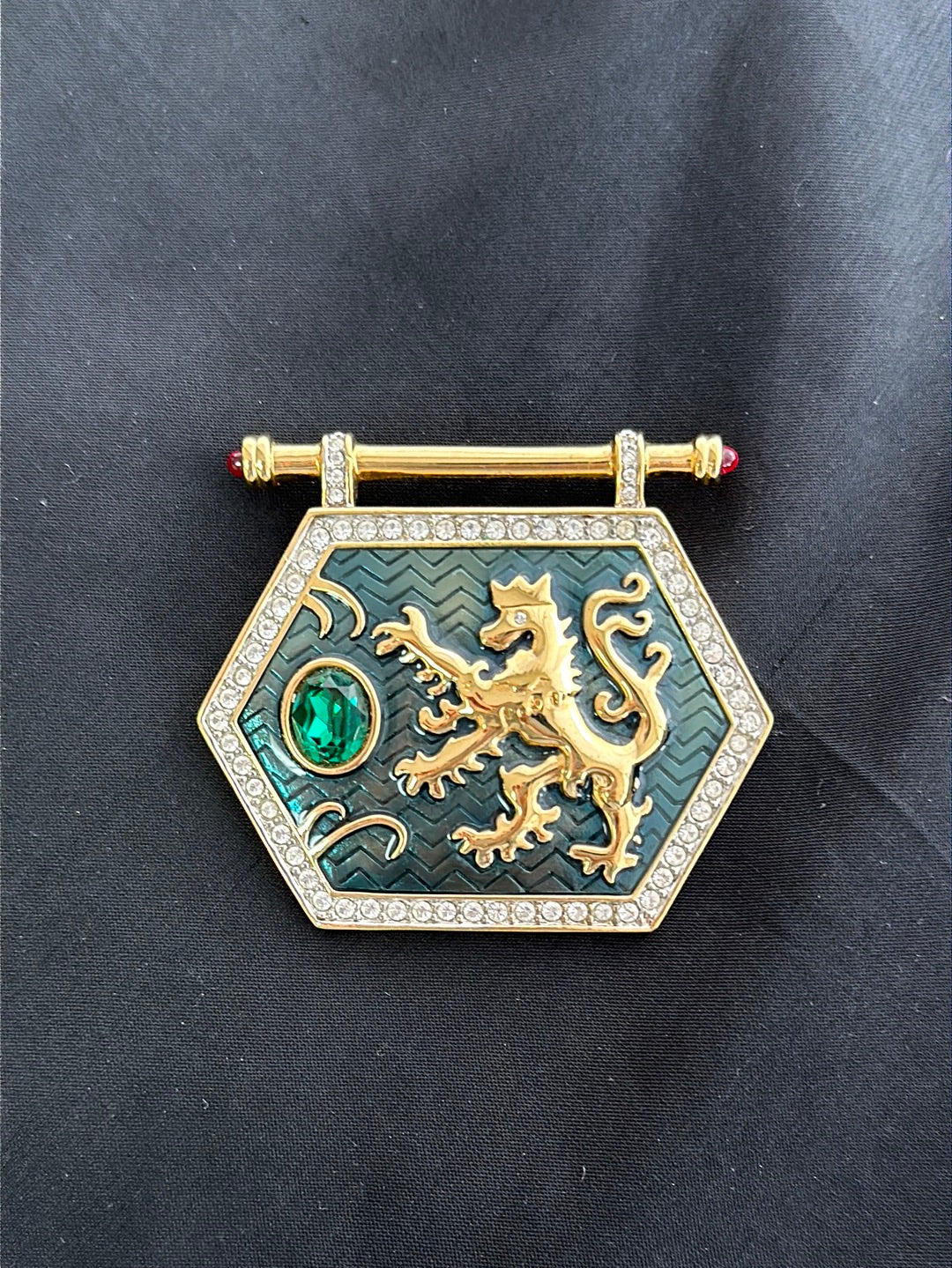 Rare SWAROVSKI gold tone & green Enamel Crystal 1980s Griffin Shield Brooch