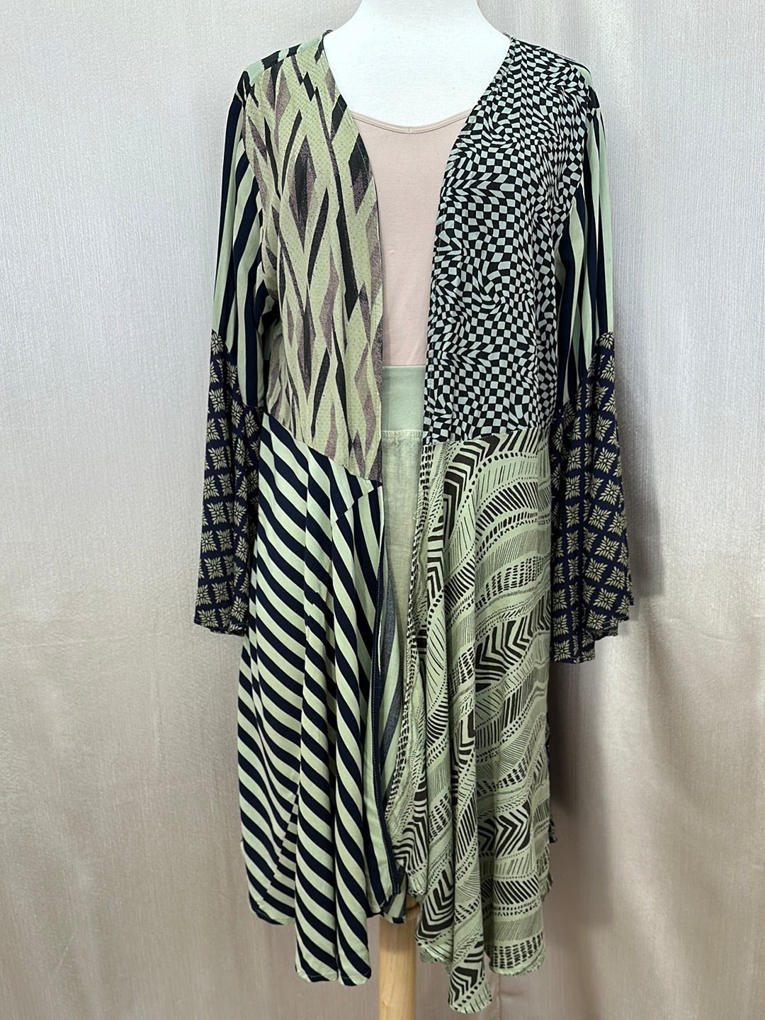 SACRED THREADS navy green Rayon Geometric Flared Patch Open Cardigan - L/XL