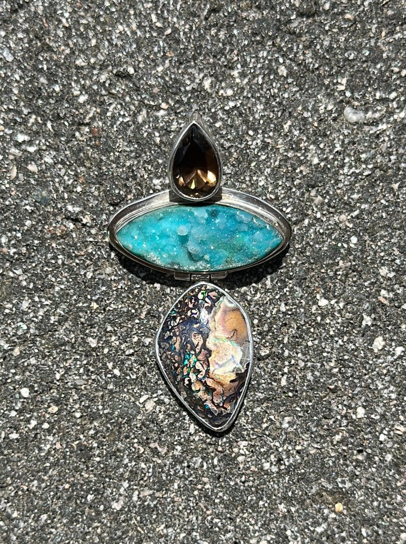 ECHO OF THE DREAMER Sterling Smokey Quartz Druzy Boulder Opal Brooch Pendant