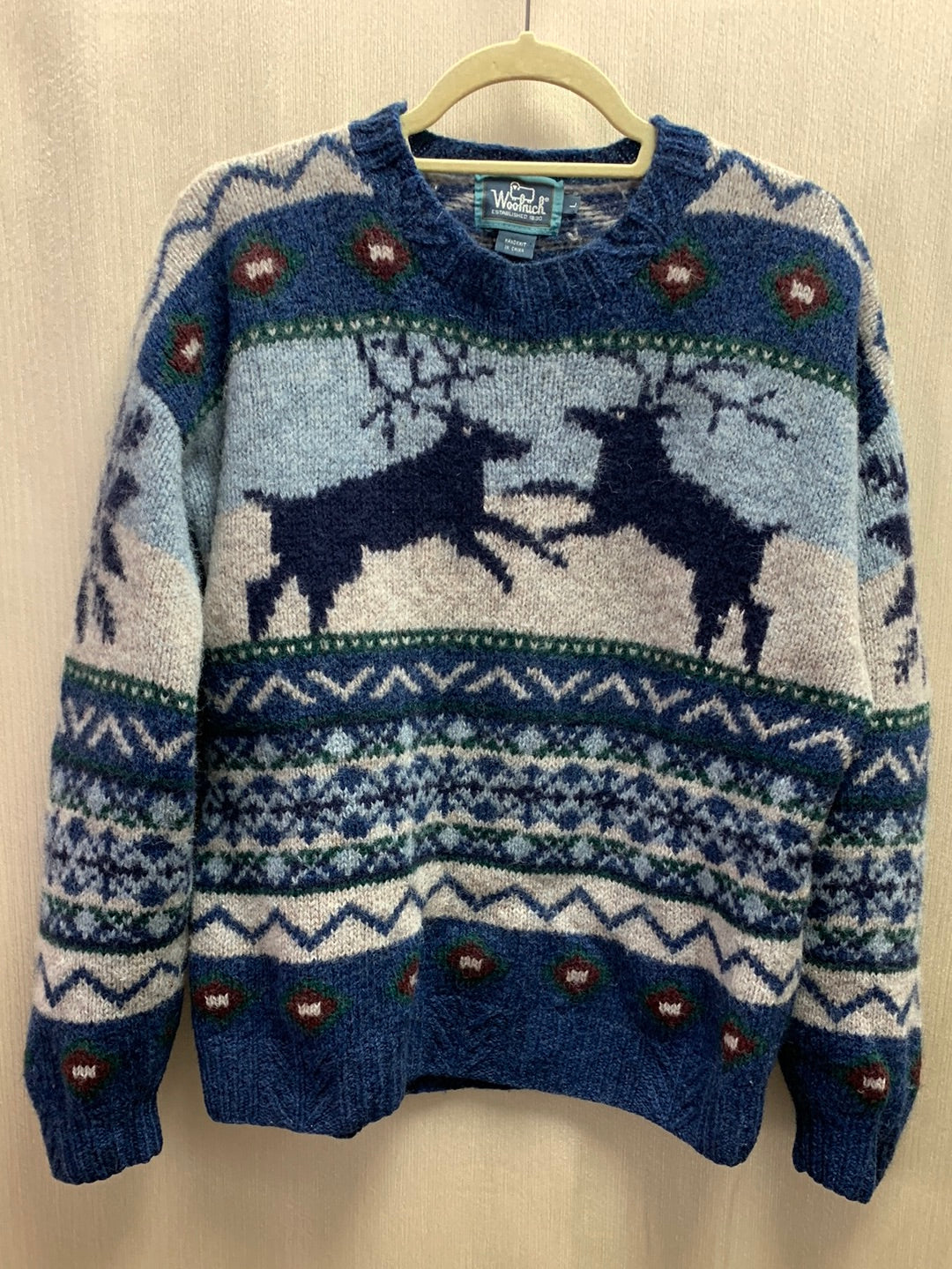 VINTAGE - WOOLRICH blue Handknit Wool Reindeer Sweater - Large