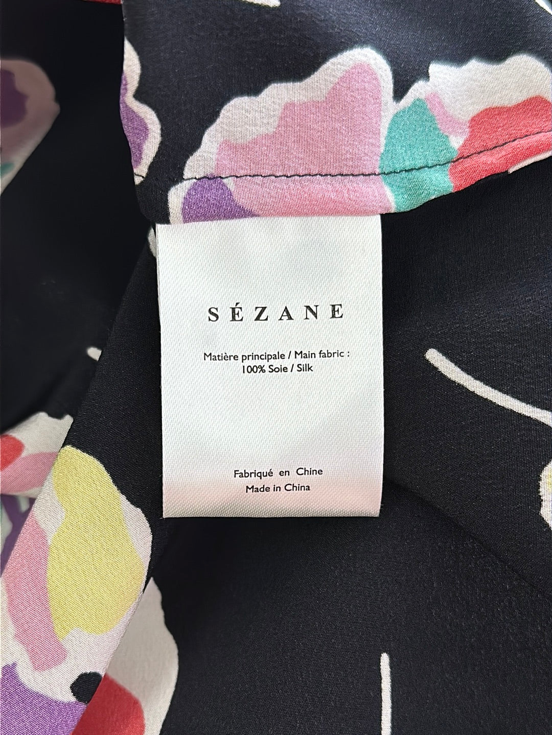 SEZANE black bright Floral 100% Silk Long Sleeve Florence Shirt - 44 | US 12