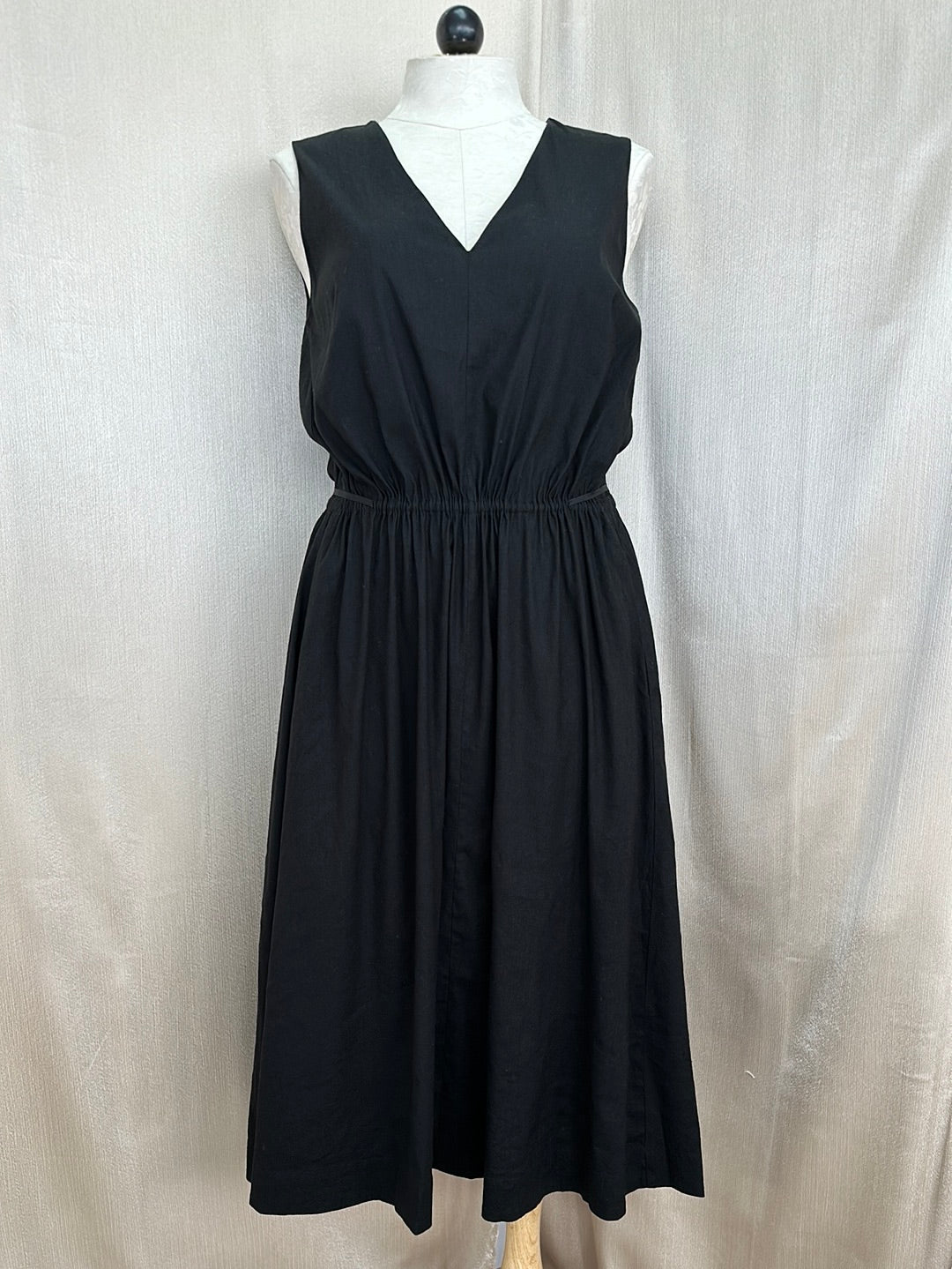 VINCE black Linen Rayon Blend Sleeveless Pocket Drawstring A-Line Midi Dress - L