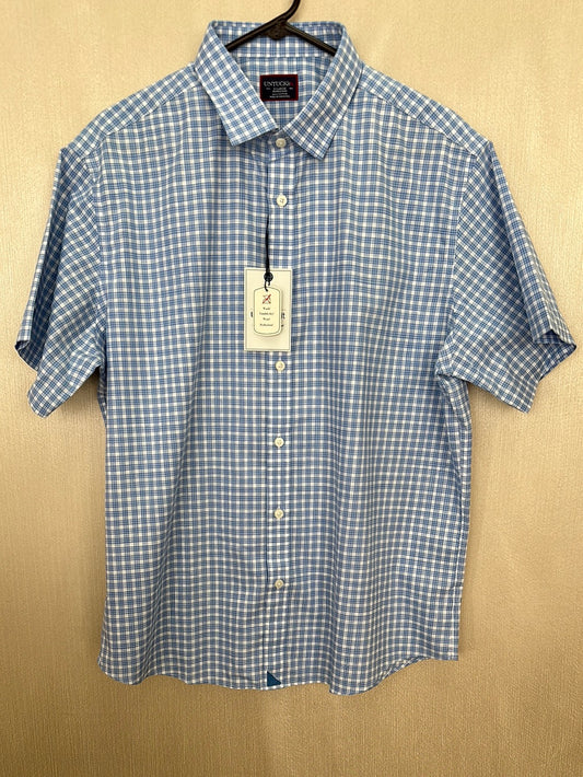 NWT - UNTUCKIT blue plaid Le Moine Wrinkle Free Regular Fit SS Shirt - XL