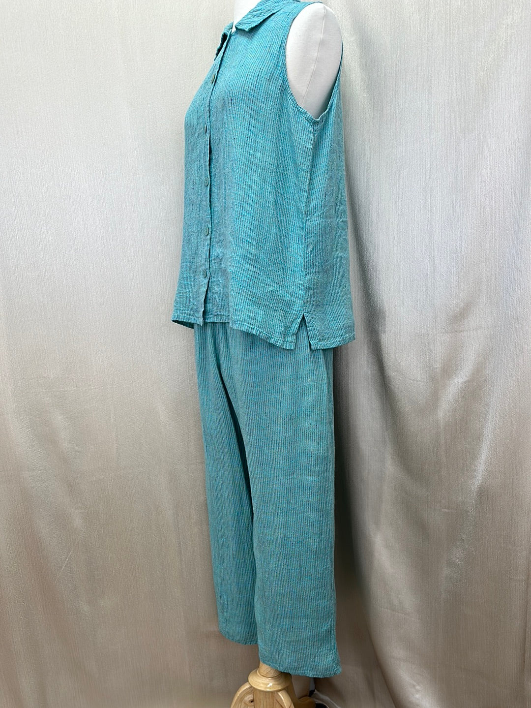 FLAX aqua stripe Linen Sleeveless Button Shirt & Pull On Pants Set - S