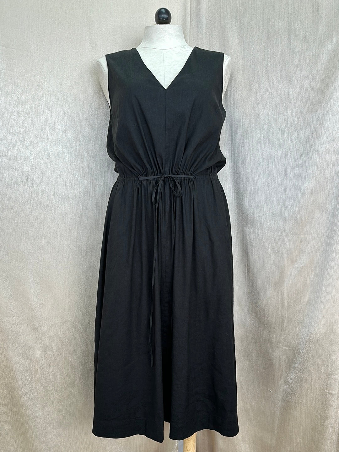 VINCE black Linen Rayon Blend Sleeveless Pocket Drawstring A-Line Midi Dress - L