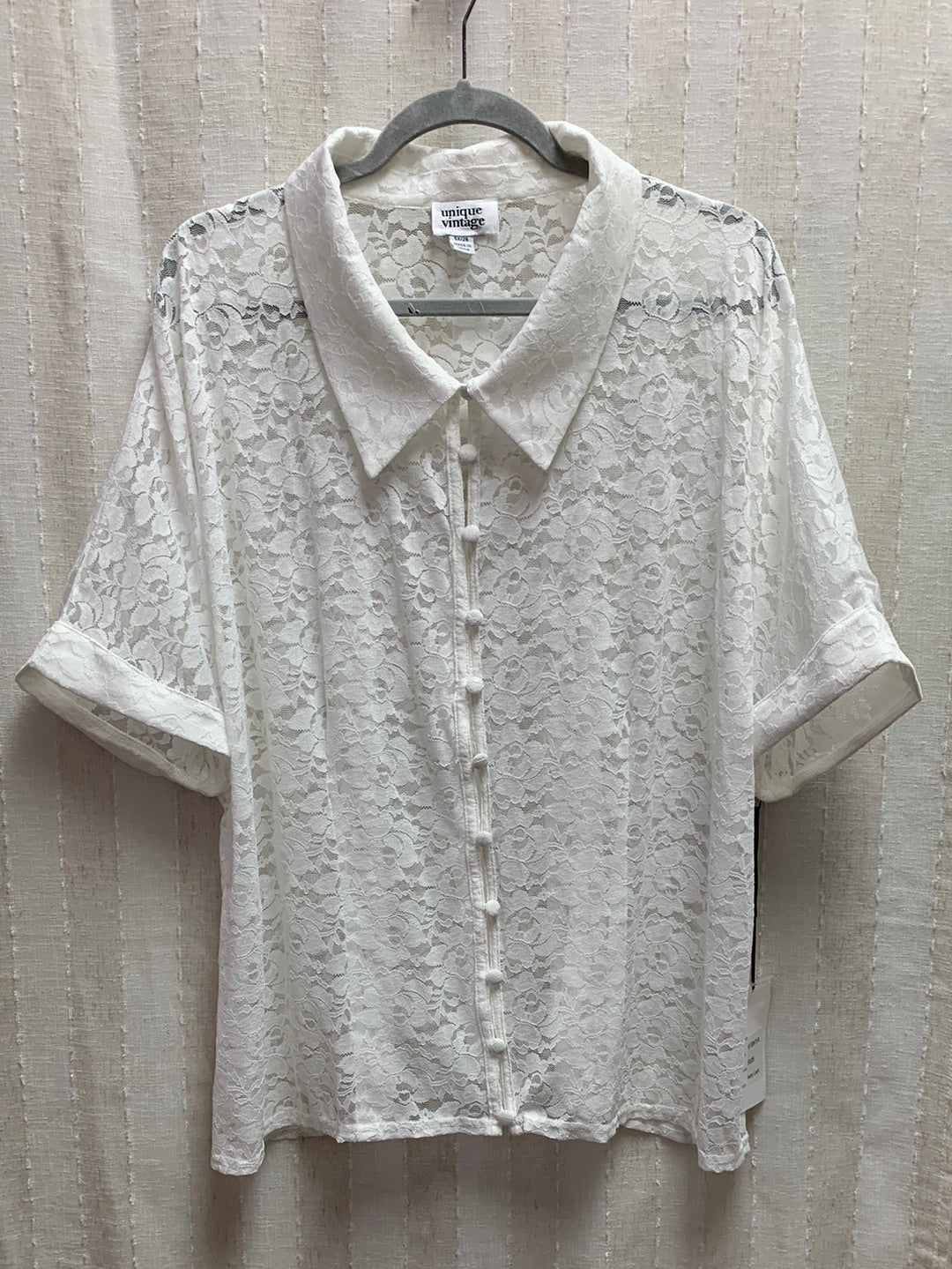 NWT - UNIQUE VINTAGE ivory Short Sleeve Lace Collared Button Blouse - 5X / 26