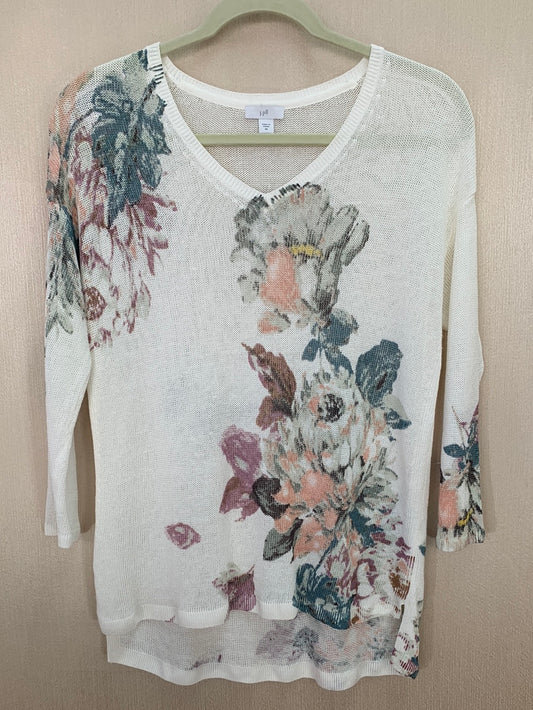 NWT - J JILL cream Floral Linen Blend 3/4 Sleeve V-Neck Sweater Top - XS