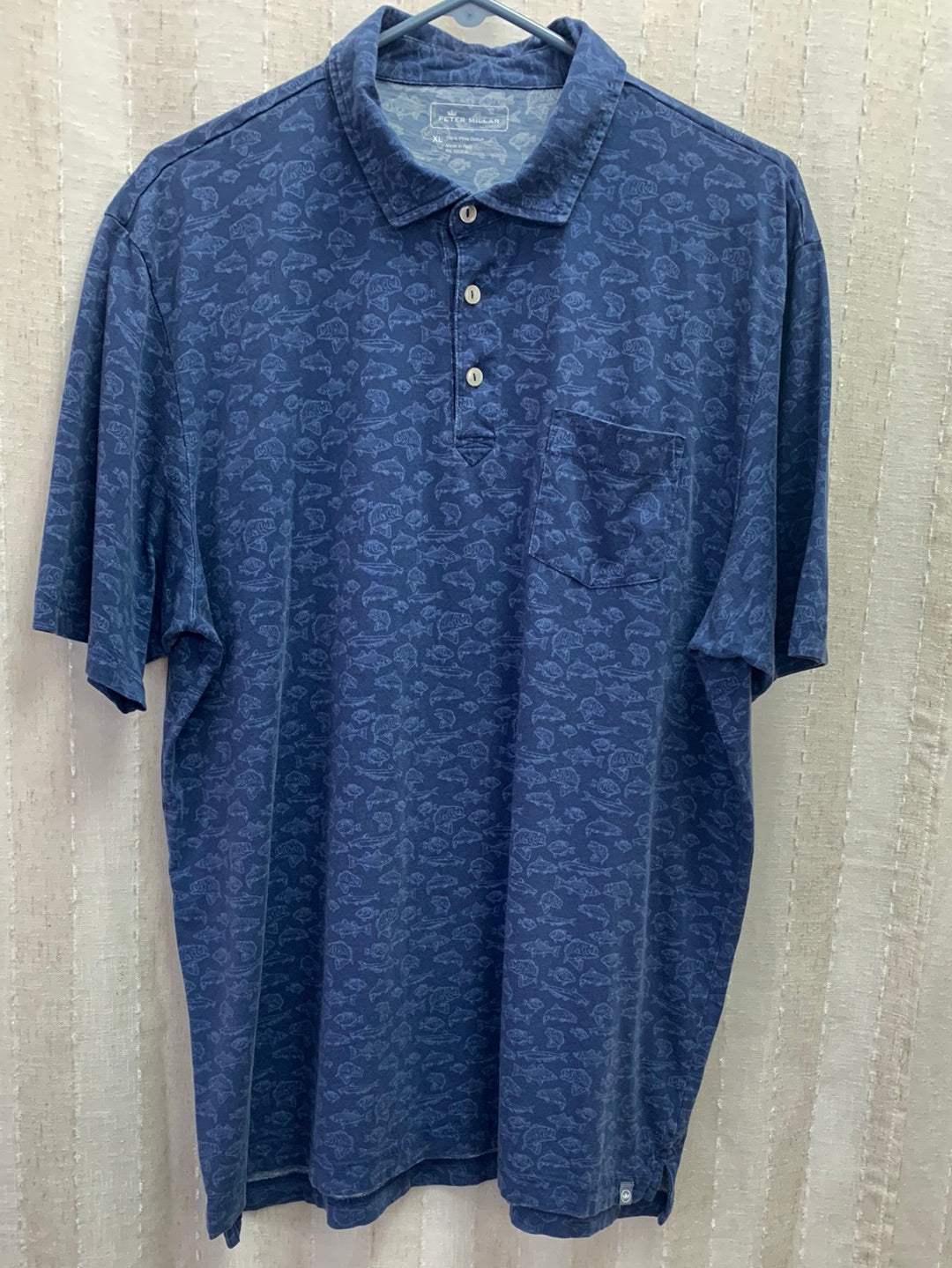 PETER MILLAR blue fish print Pima Cotton Short Sleeve Polo Shirt - XL