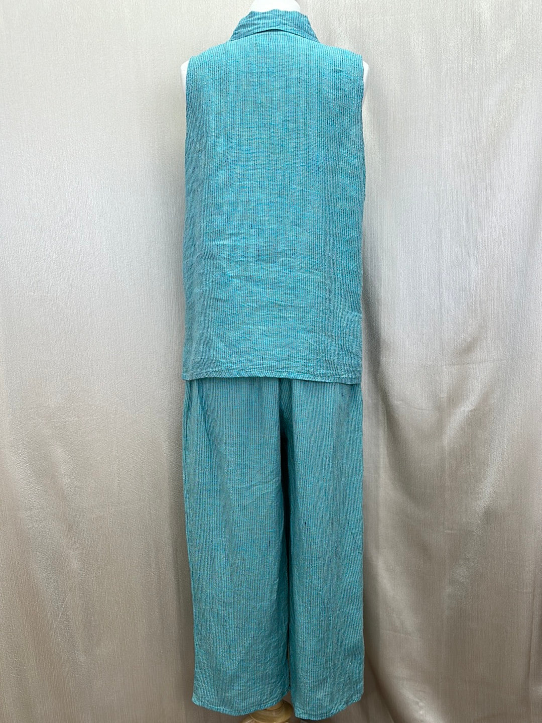 FLAX aqua stripe Linen Sleeveless Button Shirt & Pull On Pants Set - S