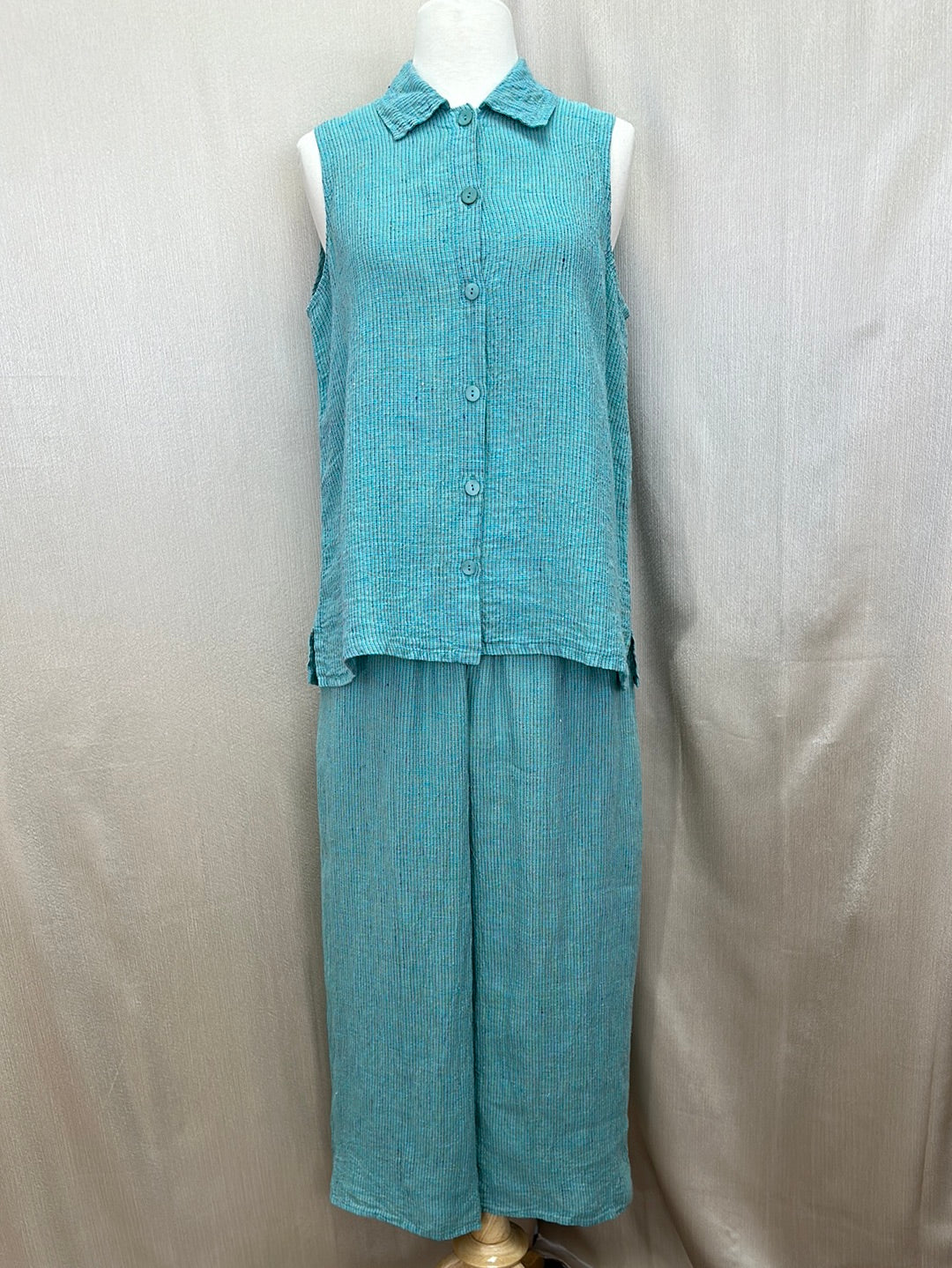 FLAX aqua stripe Linen Sleeveless Button Shirt & Pull On Pants Set - S