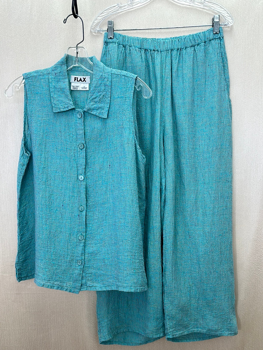 FLAX aqua stripe Linen Sleeveless Button Shirt & Pull On Pants Set - S