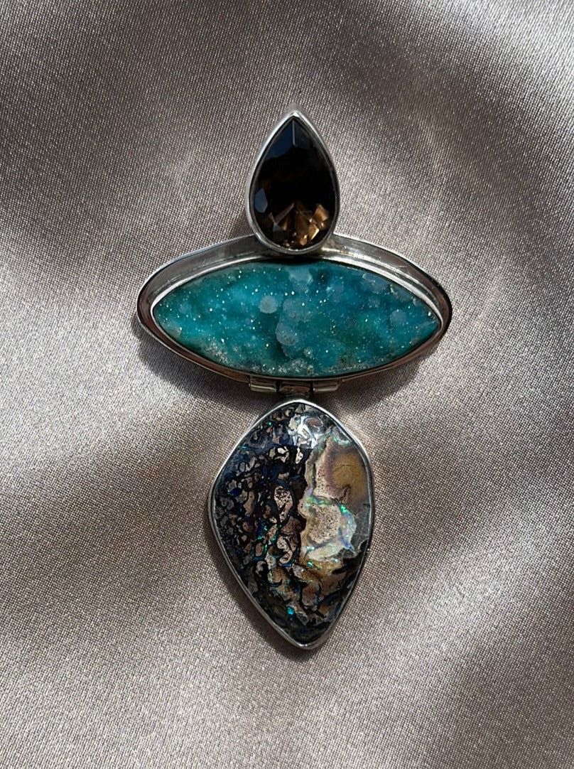 ECHO OF THE DREAMER Sterling Smokey Quartz Druzy Boulder Opal Brooch Pendant