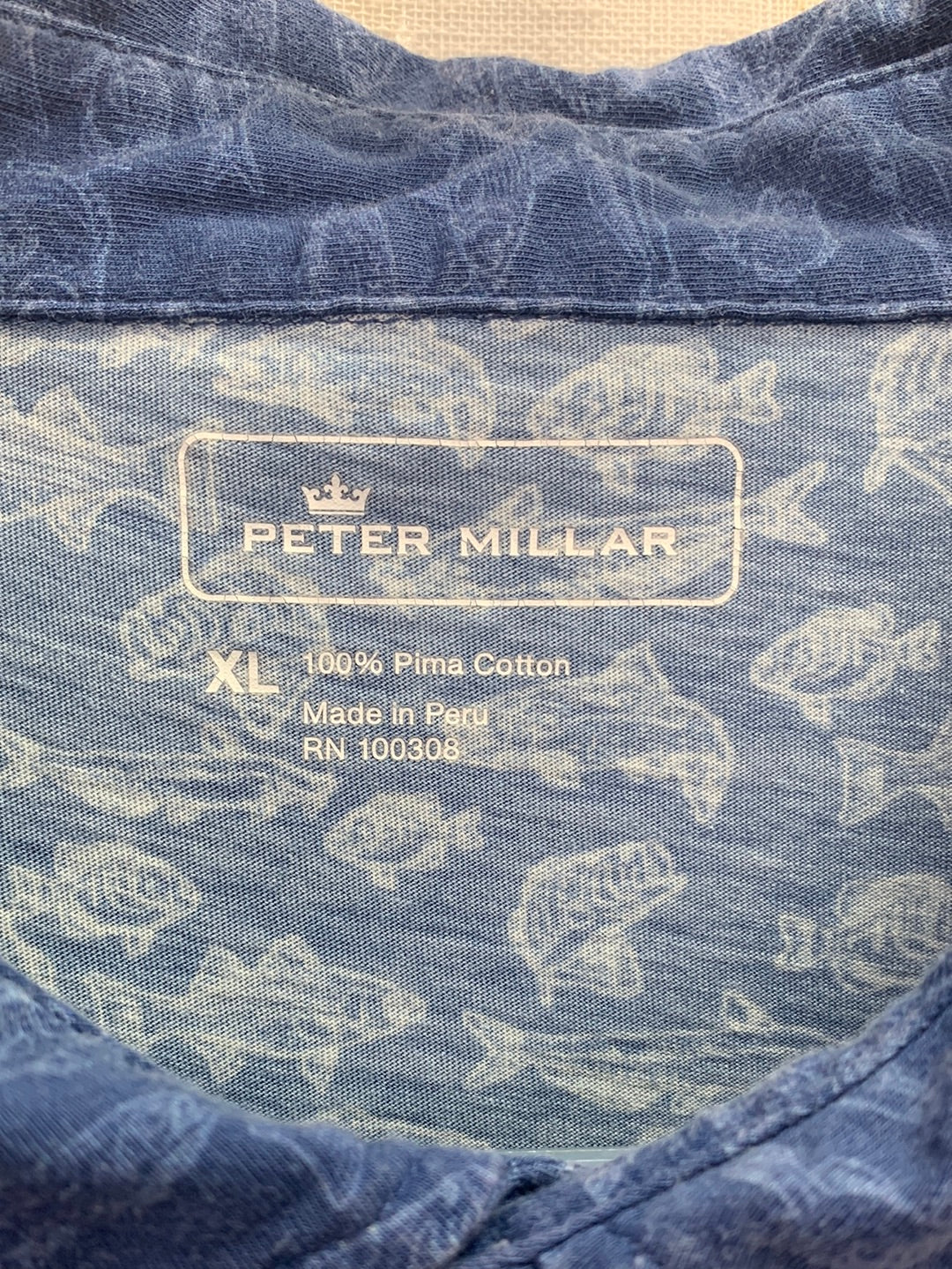 PETER MILLAR blue fish print Pima Cotton Short Sleeve Polo Shirt - XL