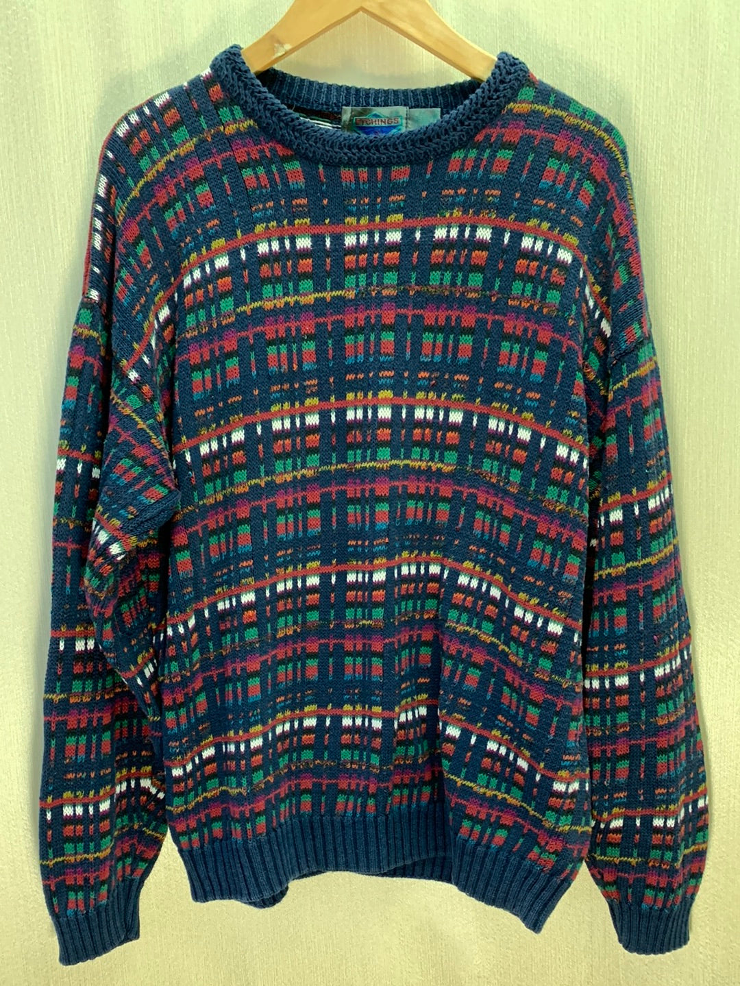 VINTAGE 90s - ETCHINGS navy multicolor Ramie Cotton Sweater - Large