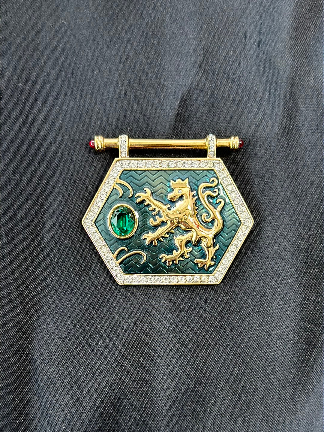 Rare SWAROVSKI gold tone & green Enamel Crystal 1980s Griffin Shield Brooch